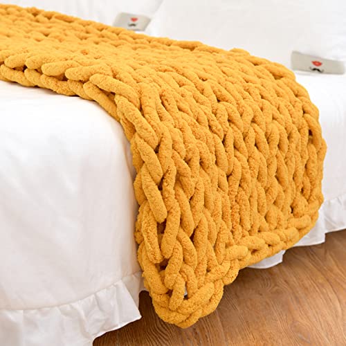Chunky Knit Throw Blanket 48"*71", Hand Knitted Warm Chenille Blanket, Soft Thick Large Rope Knot Cable Crochet Blankets for Couch Bed Sofa, Ideal (Light Brown)