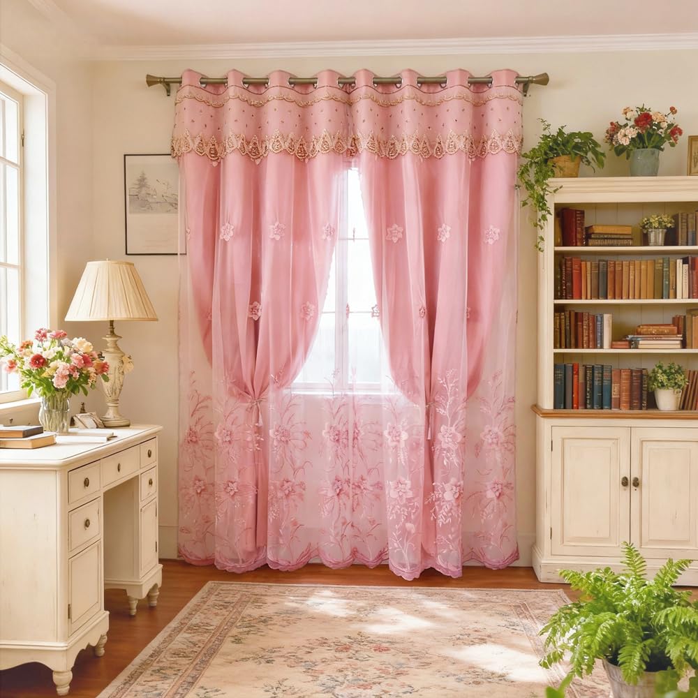 Amidoudou 1 Pair European Double Layer Curtains for Living Room Bedroom Luxury Flower Embroidered Curtains with Valance (Grey,54x96 Inch)