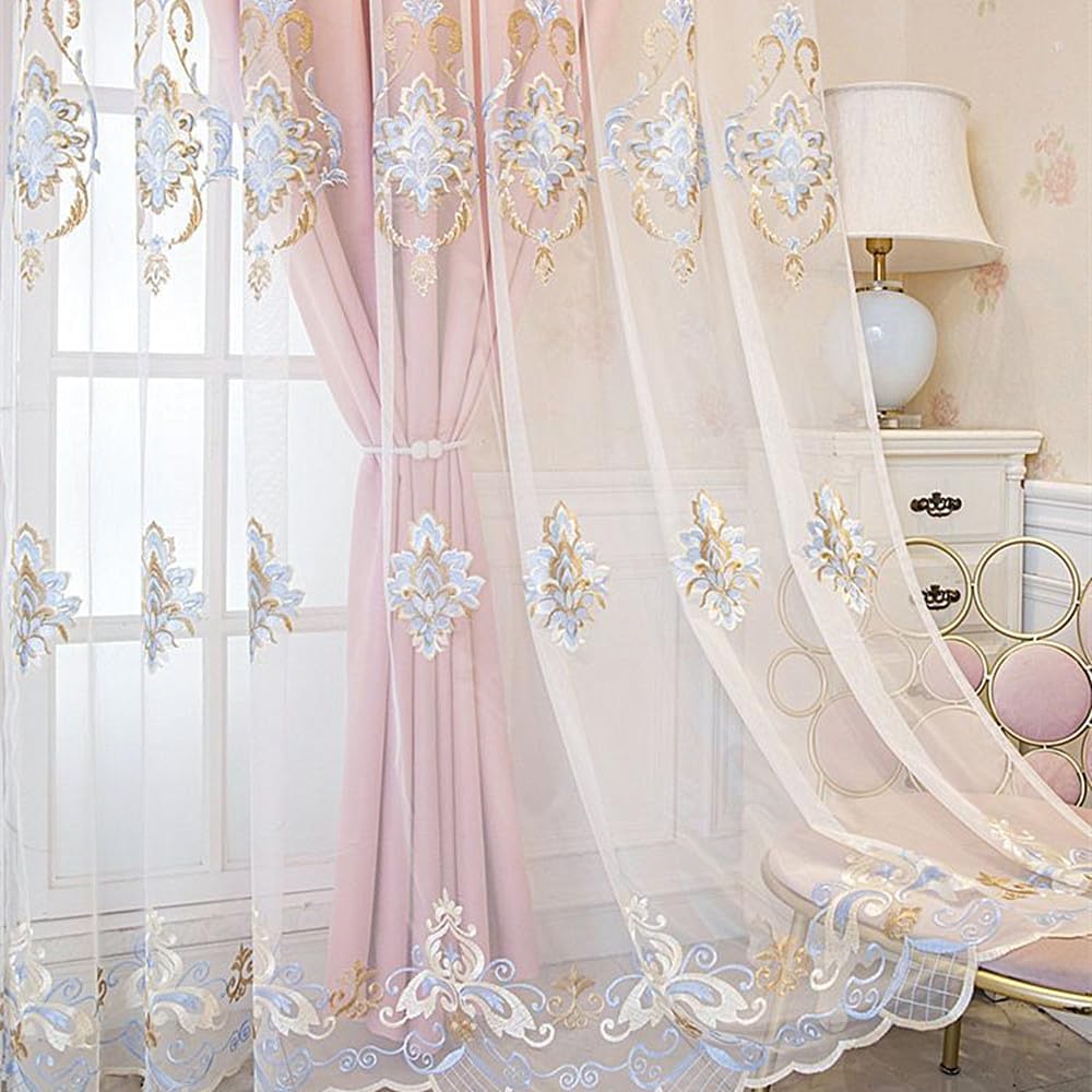 Amidoudou 1 Pair European Double Layer Curtains with Valances for Living Room Luxury Jacquard Curtains for Bedroom (Pink,63x96 Inch)