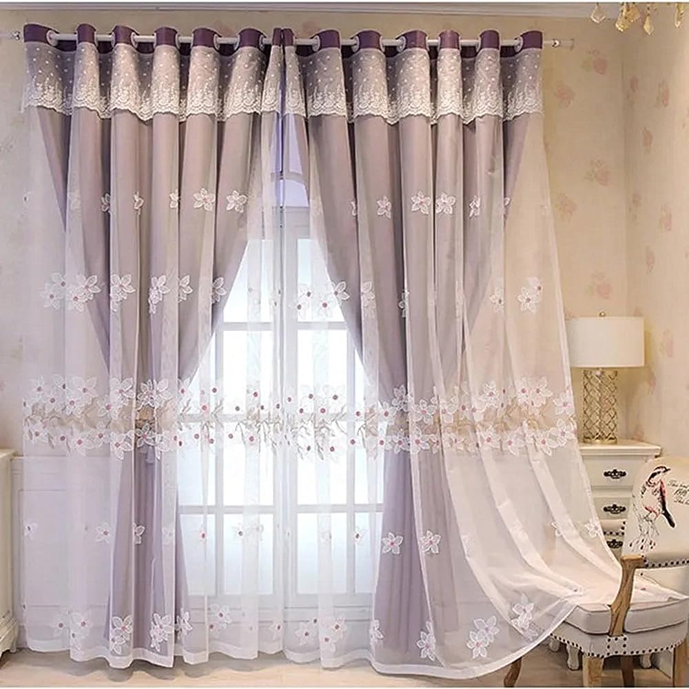 Amidoudou Luxury Modern Flower Curtains with Attached Valance - Double Layer Embroidered Curtains for Living Room & Bedroom (Beige, 54x84 Inch)