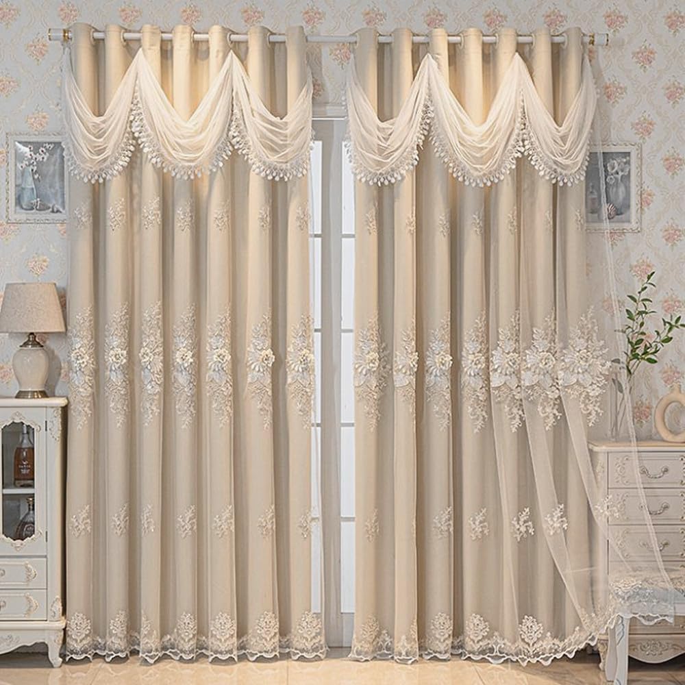 Amidoudou 1 Pair Luxury European Curtains with Wavy Valance for Living Room Bedroom Double Layer Embroidered Curtains (Beige,52x84 Inch)