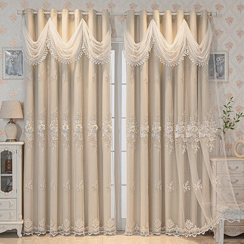 Amidoudou 1 Pair Luxury European Curtains with Wavy Valance for Living Room Bedroom Double Layer Embroidered Curtains (Beige,52x84 Inch)