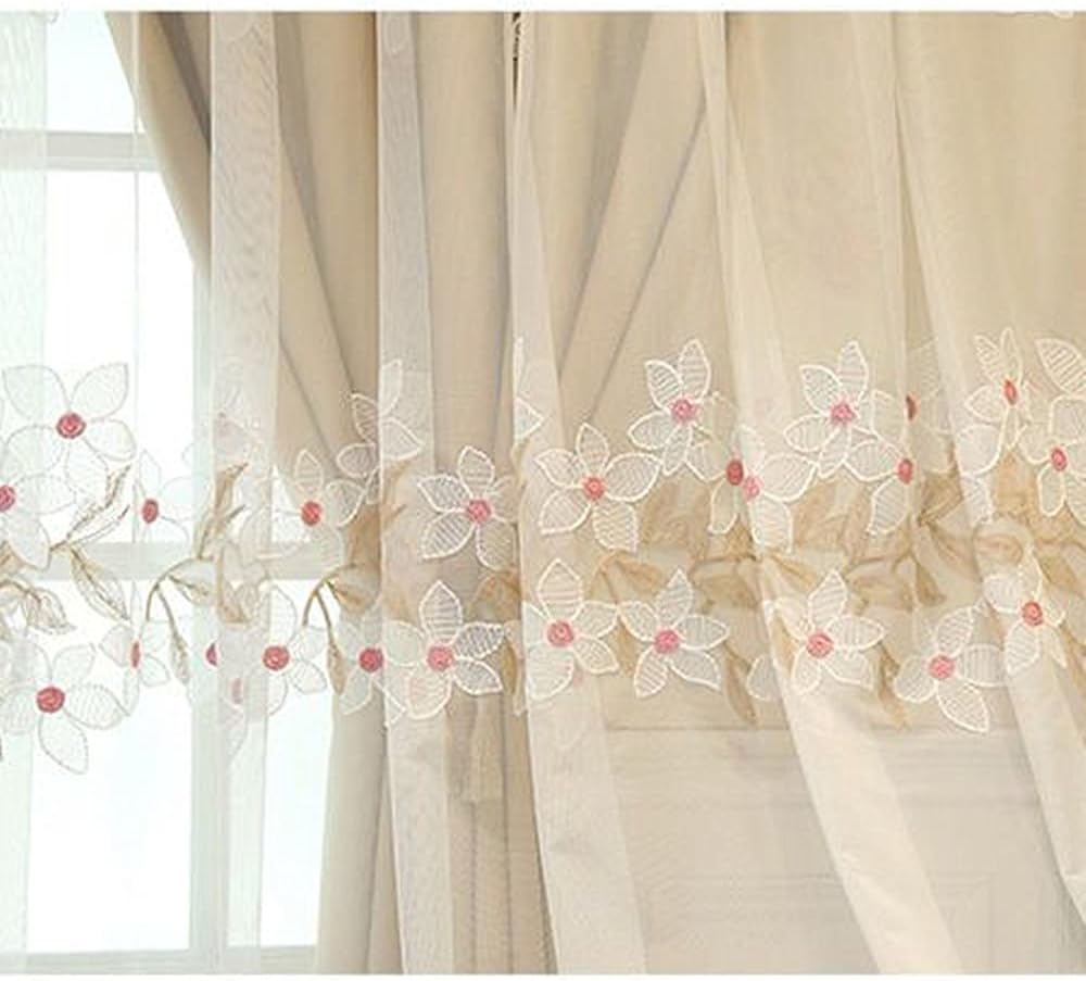 Amidoudou Luxury Modern Flower Curtains with Attached Valance - Double Layer Embroidered Curtains for Living Room & Bedroom (Beige, 54x84 Inch)