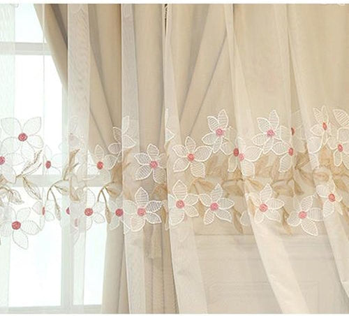 Amidoudou Luxury Modern Flower Curtains with Attached Valance - Double Layer Embroidered Curtains for Living Room & Bedroom (Beige, 54x84 Inch)