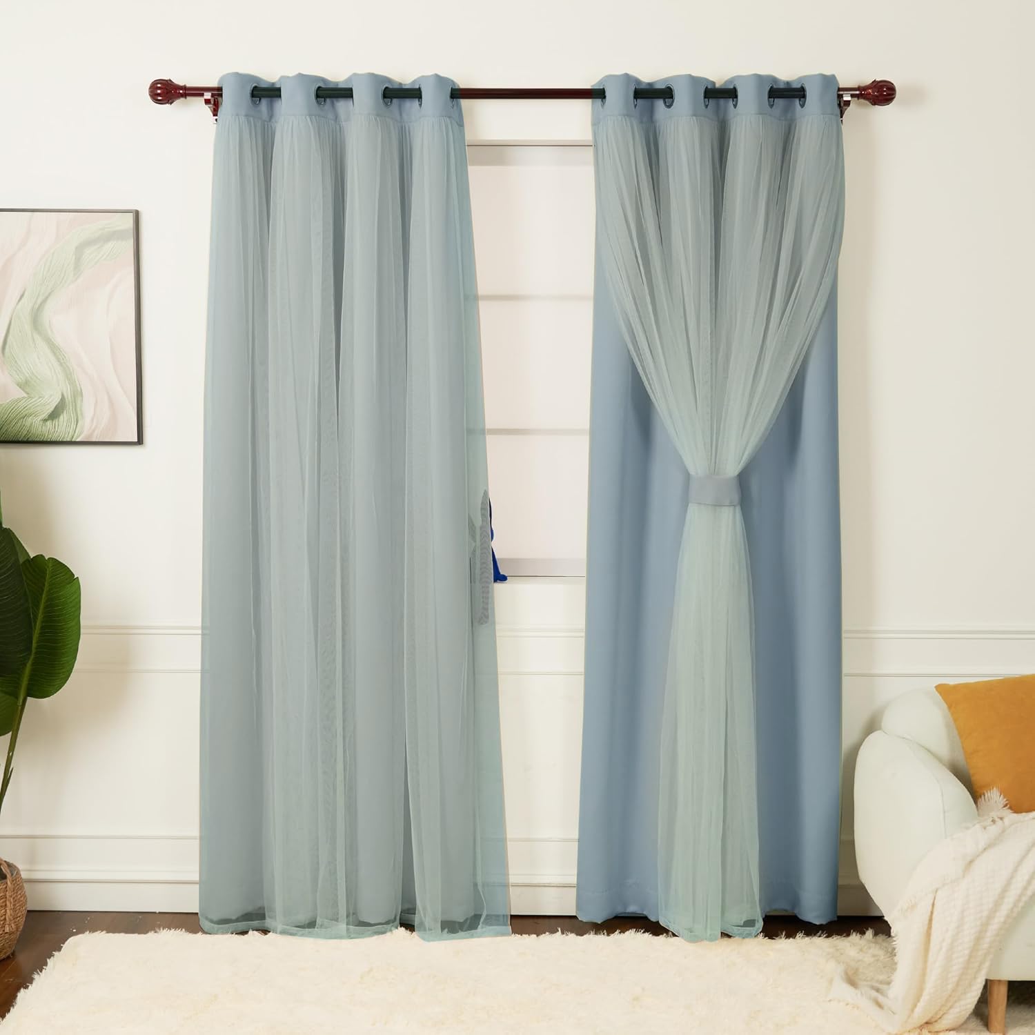 INLINAS Beige Blackout Curtains with Sheer Overlay - Grommet Top Thermal and Noise Reduction Panels for Bedroom and Living Room Light Blocking and Energy Saving, 52 x 84 Inches, Set of 2