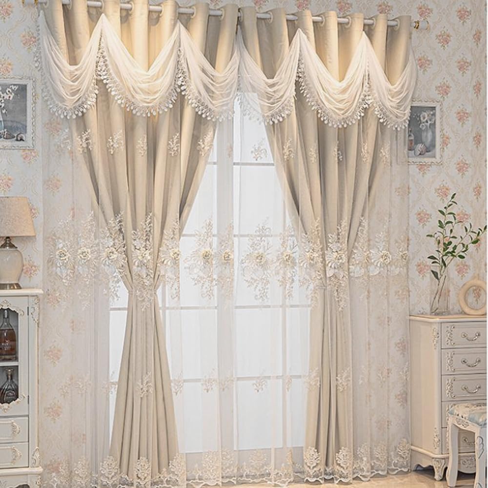Amidoudou 1 Pair Luxury European Curtains with Wavy Valance for Living Room Bedroom Double Layer Embroidered Curtains (Beige,52x84 Inch)