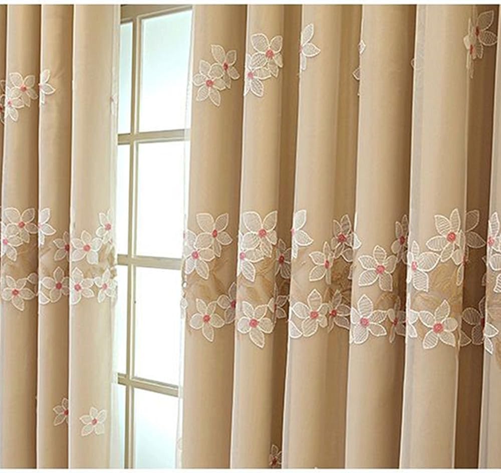 Amidoudou Luxury Modern Flower Curtains with Attached Valance - Double Layer Embroidered Curtains for Living Room & Bedroom (Beige, 54x84 Inch)