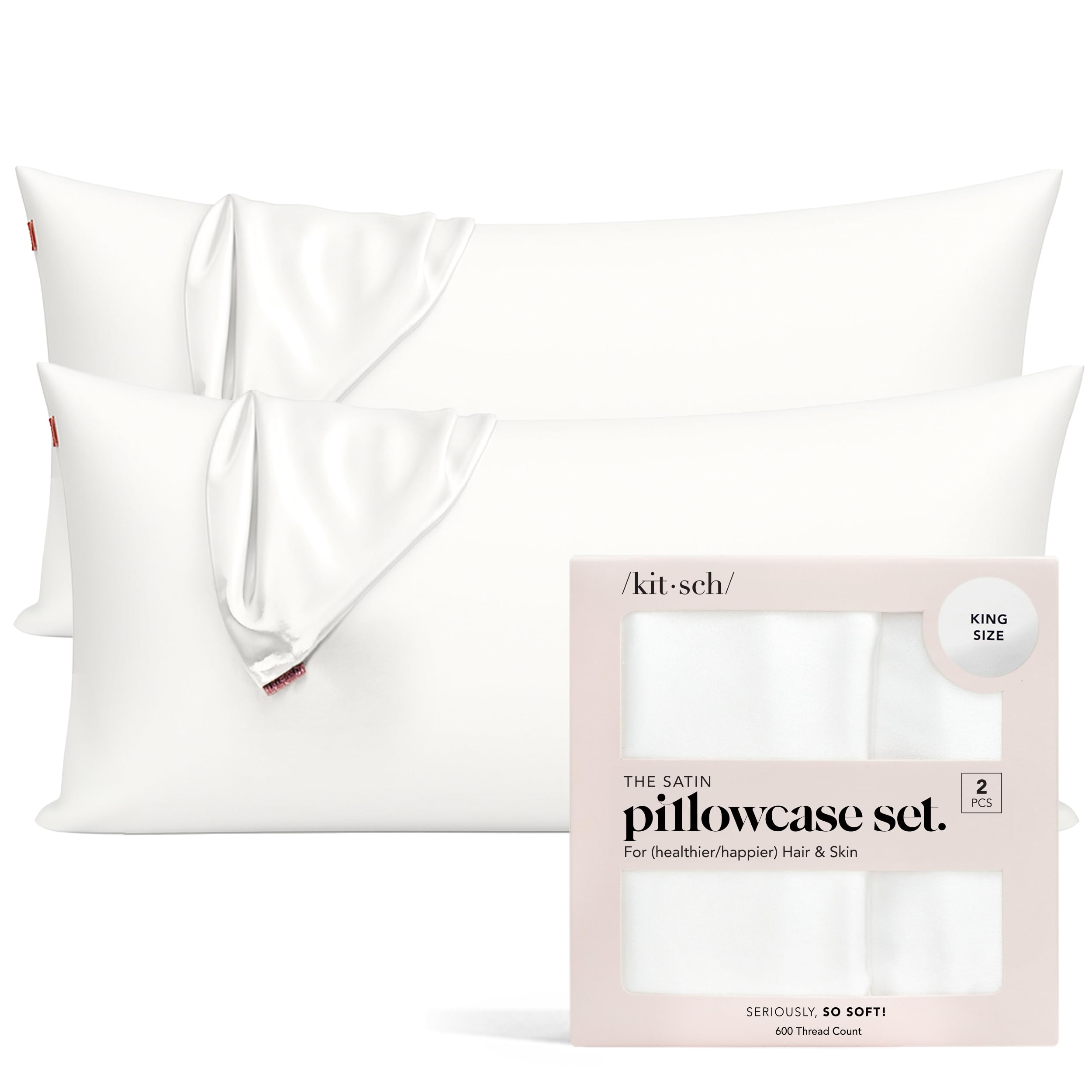 Kitsch Satin Pillowcase with Zipper for Hair & Skin - Softer Than Silk Pillow Cases, Smooth Cooling Satin Pillow Case, Wrinkle-Free, Machine Washable - Pillow Cases Standard Size (19x26), Ivory 2pcs