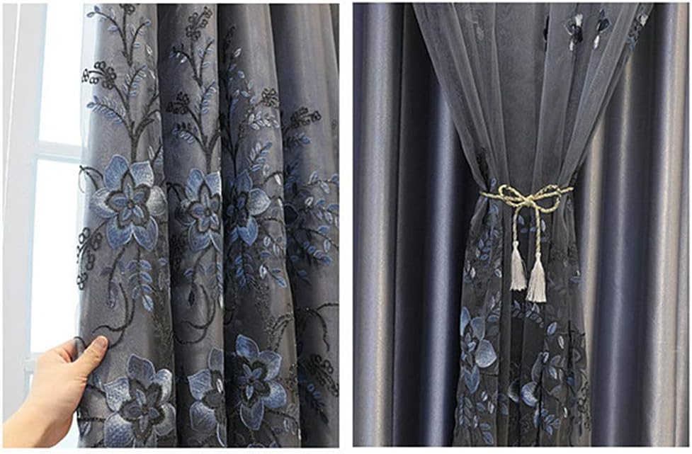 Amidoudou 1 Pair European Double Layer Curtains for Living Room Bedroom Luxury Flower Embroidered Curtains with Valance (Grey,54x96 Inch)