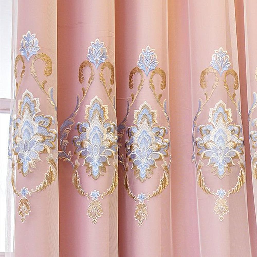 Amidoudou 1 Pair European Double Layer Curtains with Valances for Living Room Luxury Jacquard Curtains for Bedroom (Pink,63x96 Inch)