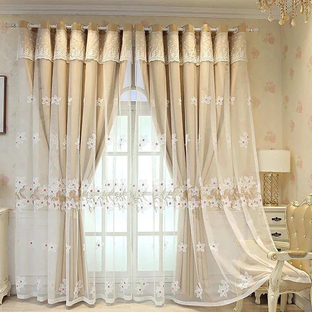 Amidoudou Luxury Modern Flower Curtains with Attached Valance - Double Layer Embroidered Curtains for Living Room & Bedroom (Beige, 54x84 Inch)