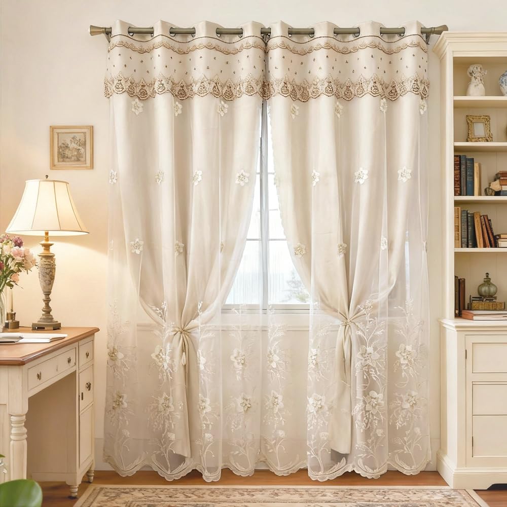 Amidoudou 1 Pair European Double Layer Curtains for Living Room Bedroom Luxury Flower Embroidered Curtains with Valance (Grey,54x96 Inch)