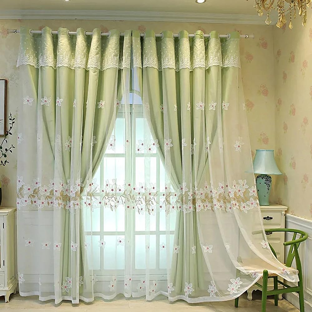 Amidoudou Luxury Modern Flower Curtains with Attached Valance - Double Layer Embroidered Curtains for Living Room & Bedroom (Beige, 54x84 Inch)