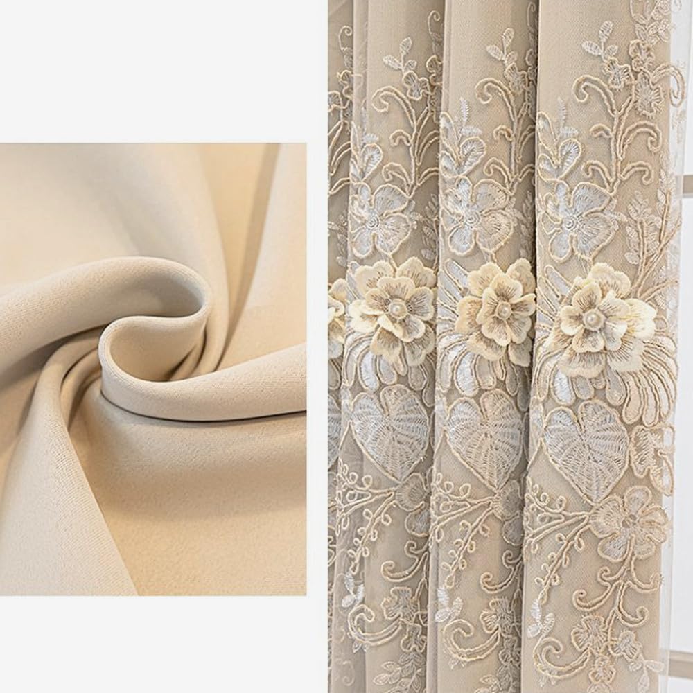 Amidoudou 1 Pair Luxury European Curtains with Wavy Valance for Living Room Bedroom Double Layer Embroidered Curtains (Beige,52x84 Inch)
