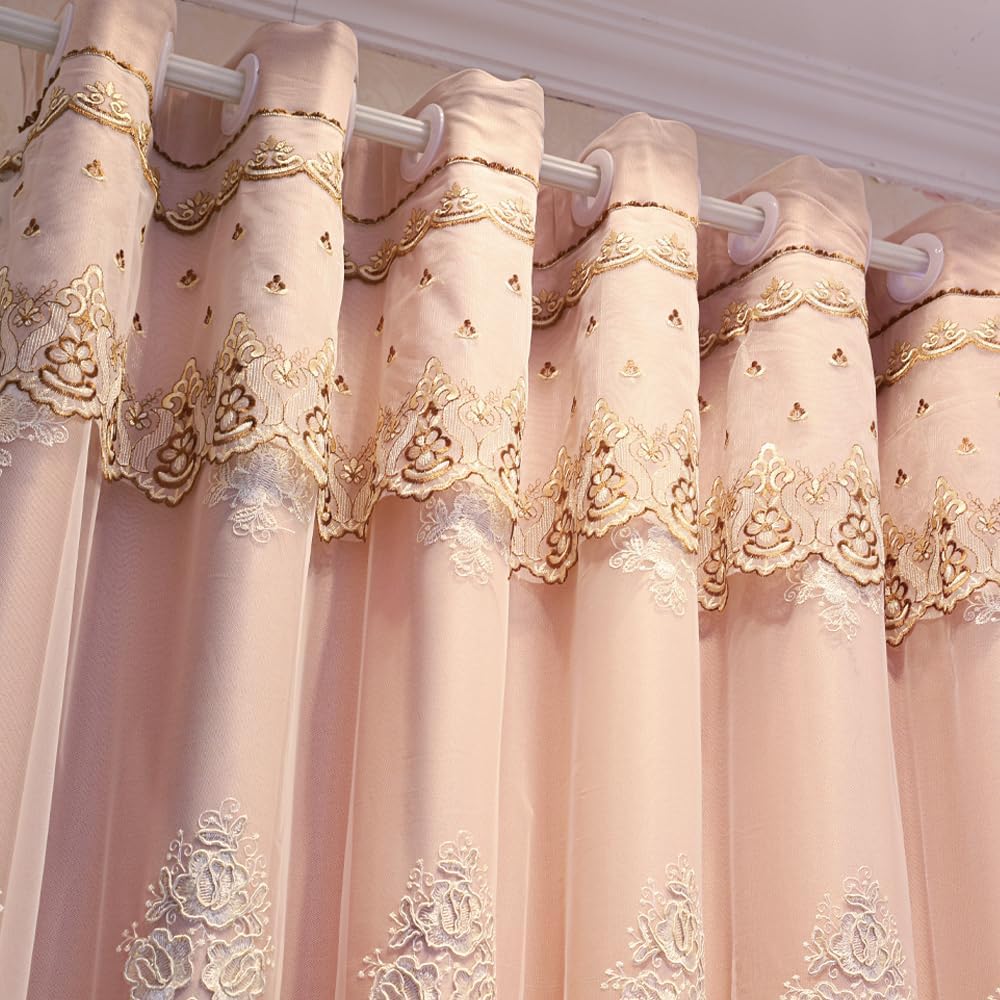 European Luxury 3D Relief Embroidery Curtains - Double-Layer Blackout Drapes, Flower Embroidered Sheer Yarn, for Living Room & Bedroom (1 Pair, Pink, W51 L84 inch)