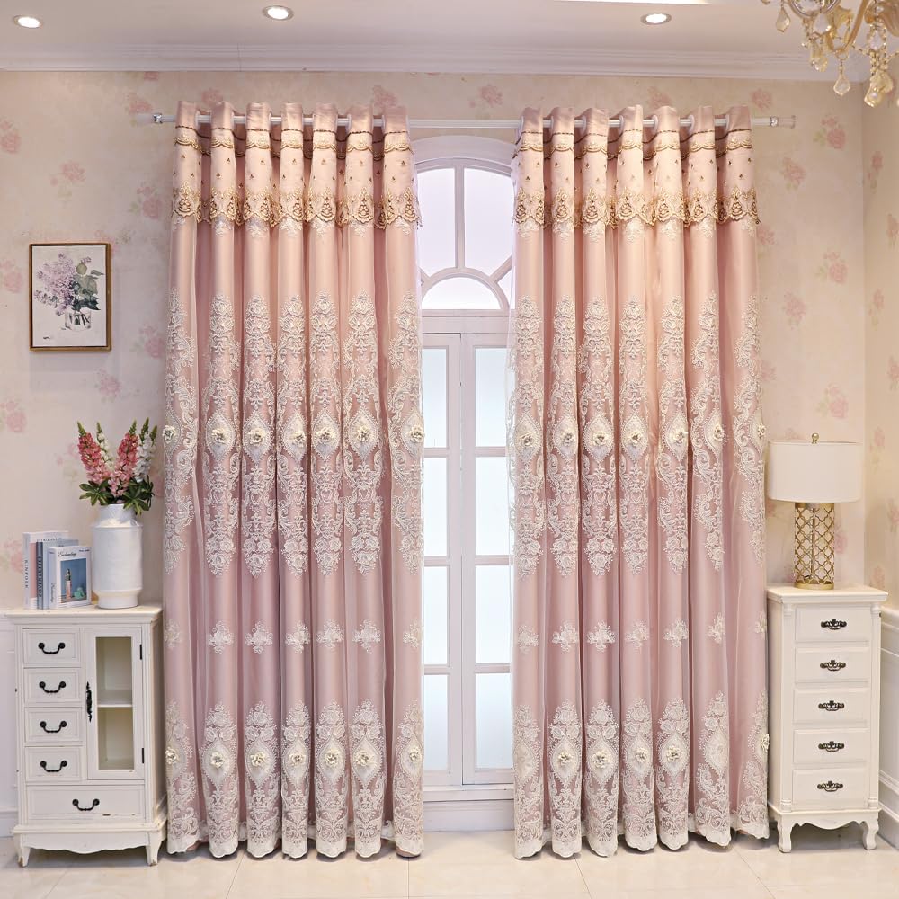 European Luxury 3D Relief Embroidery Curtains - Double-Layer Blackout Drapes, Flower Embroidered Sheer Yarn, for Living Room & Bedroom (1 Pair, Pink, W51 L84 inch)