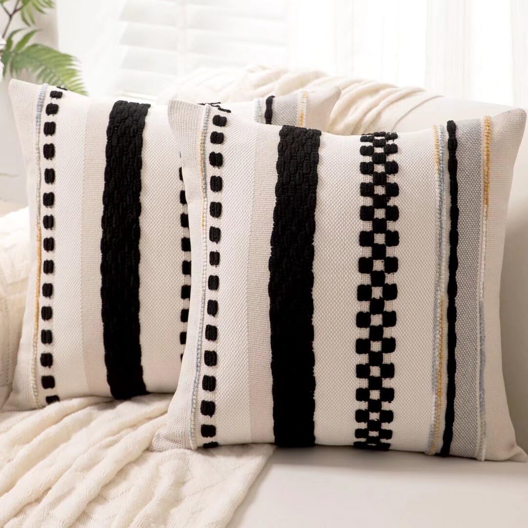 Boho Throw Pillow Covers 18x18 Set of 2 Farmhouse Decorative Cushion Case Striped Square Pillows Cover Chenille Pillow Cases Accent Neutral Pillowcase for Sofa Couch Bed,Yellow
