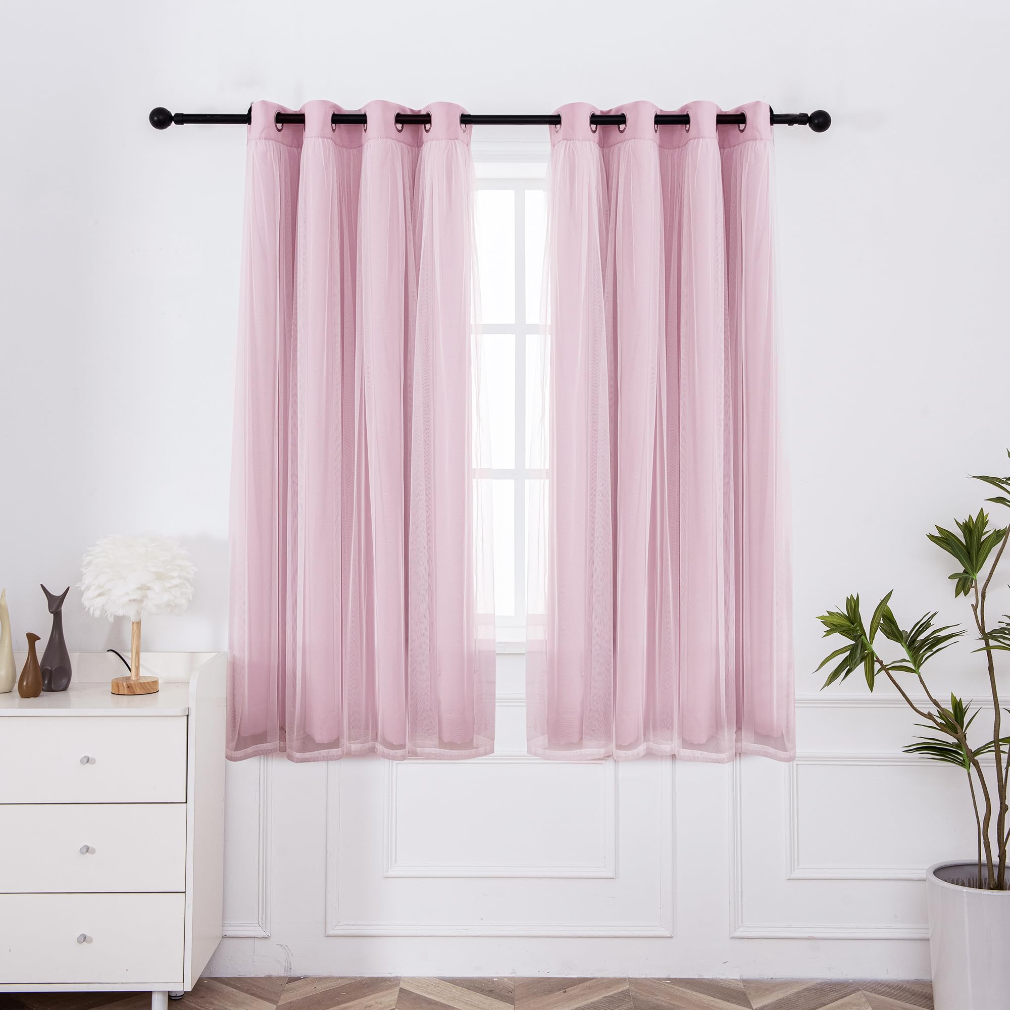 INLINAS Beige Blackout Curtains with Sheer Overlay - Grommet Top Thermal and Noise Reduction Panels for Bedroom and Living Room Light Blocking and Energy Saving, 52 x 84 Inches, Set of 2