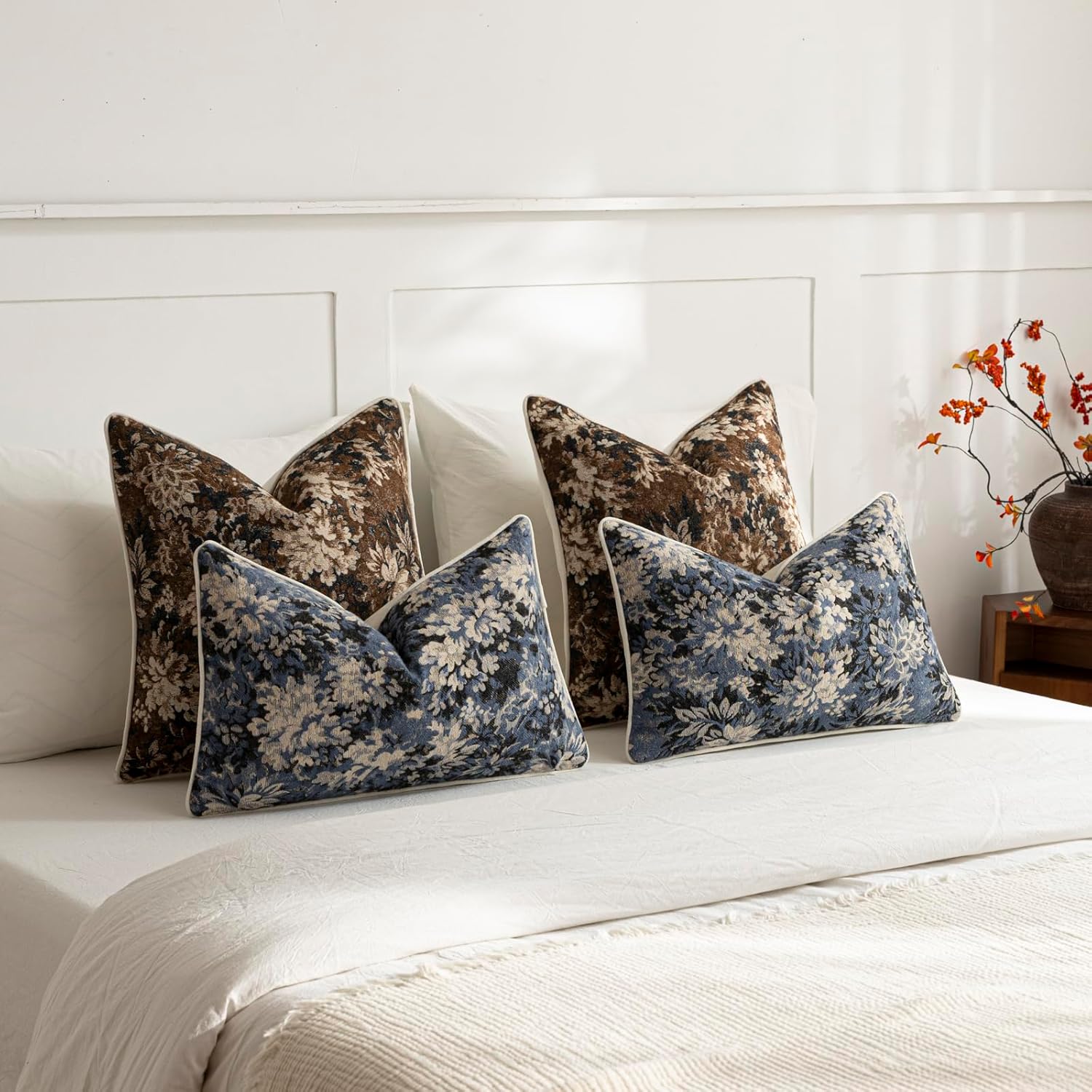 DEZENE Pack of 2 Vintage Floral Throw Pillow Covers 20x20 Boho Farmhouse Accents Chenille Square Decorative Pillow Cases for Living Room Couch Bed Home Decor, Dark Brown
