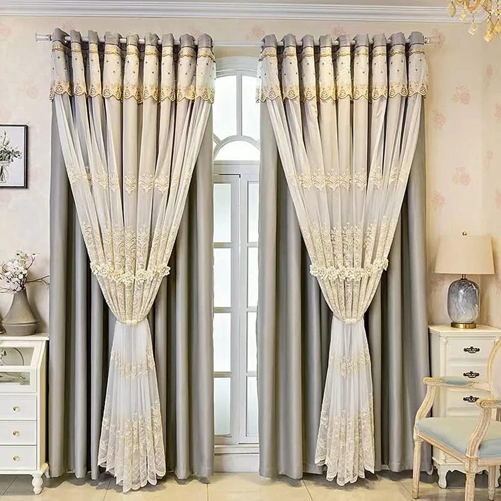 Amidoudou 1 Pair European Double Layer Curtains with Valances for Living Room Bedroom Luxury 3D Flower Embroidered Curtains (Beige,52x90 Inch)