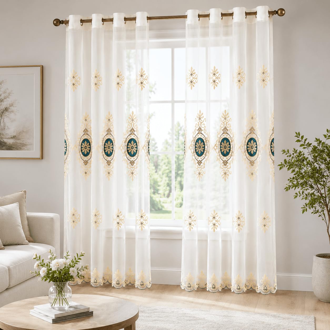 VOGOL Embroidered Curtains 84 inches Long Grommet Window Treatment Voile Panel Drape for Living Room Kitchen, Two Panels, W54 x L84 inch