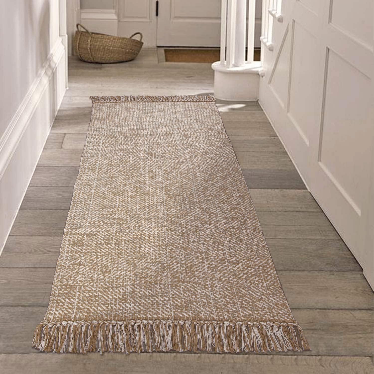 Collive Comfy Area Rug 4' x 6', Tan/Cream Woven Cotton Bedroom Rugs, Modern Indoor Accent Rug Floor Carpet with Tassel for Living Room, Nursery Room, Dining Room, Bedside, Office, Patio Decor