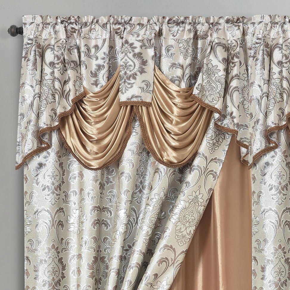 GOHD Samba Star. Jacquard Window Curtain Panel Drape with Attached Fancy Valance and Taffeta Backing. 2pcs Set. Each pc 54" Wide x 90" Drop with 18" Valance. (Sand)