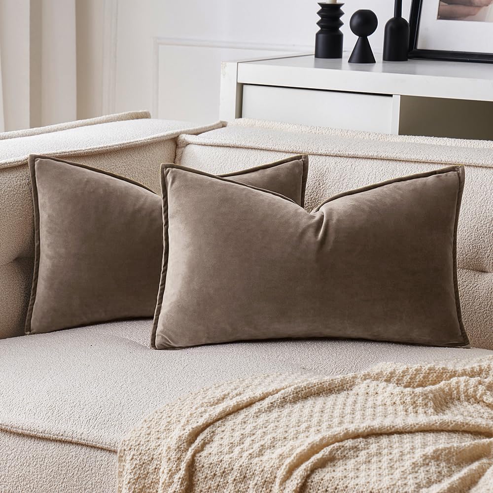 MIULEE Dark Coffee Velvet Throw Pillow Covers 22x22 Taupe Neutral Soft Decorative Solid Square Cushion Cases Pack of 2 Modern Luxury Home Decor for Couch, Sofa, Bedroom