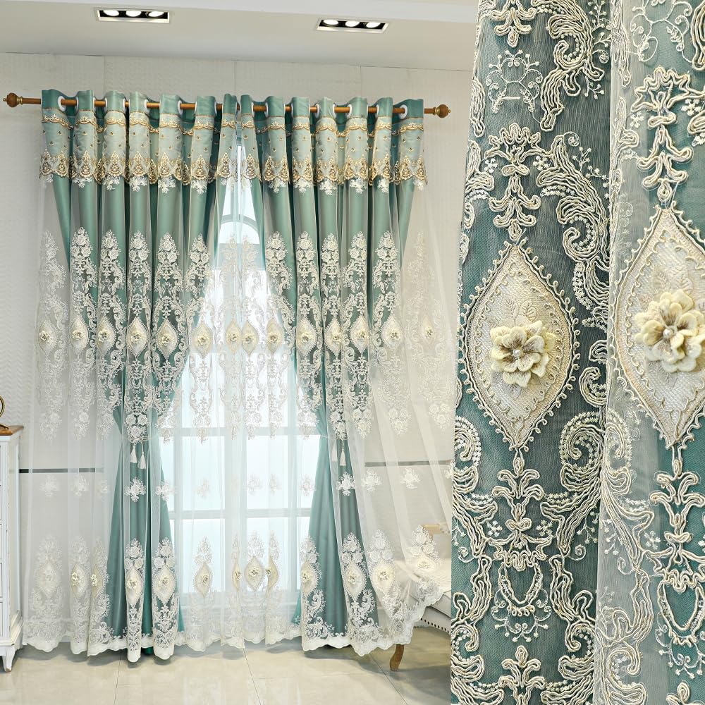 European Luxury 3D Relief Embroidery Curtains - Double-Layer Blackout Drapes, Flower Embroidered Sheer Yarn, for Living Room & Bedroom (1 Pair, Pink, W51 L84 inch)