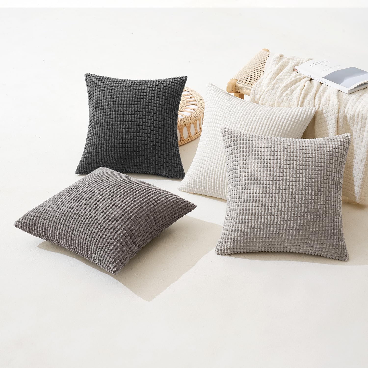 MIULEE Timeless Neutral Pillow Covers 18x18 Inch Set of 4 Mid Century Modern Grey Throw Pillows Rustic Corduroy Couch Pillowcases Nordic Home Decor for Sofa Living Room Bed
