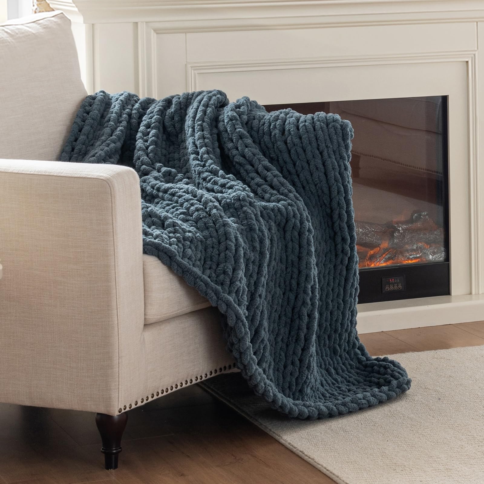 Chunky Knit Blanket Throw, 100% Hand Knit Throw Blanket Handmade Chenille Cable Knit Throw for Couch, Stylish Cozy Soft Rope Knot Crochet Blanket for Home Decor, Beige Linen, 50x60 Inches