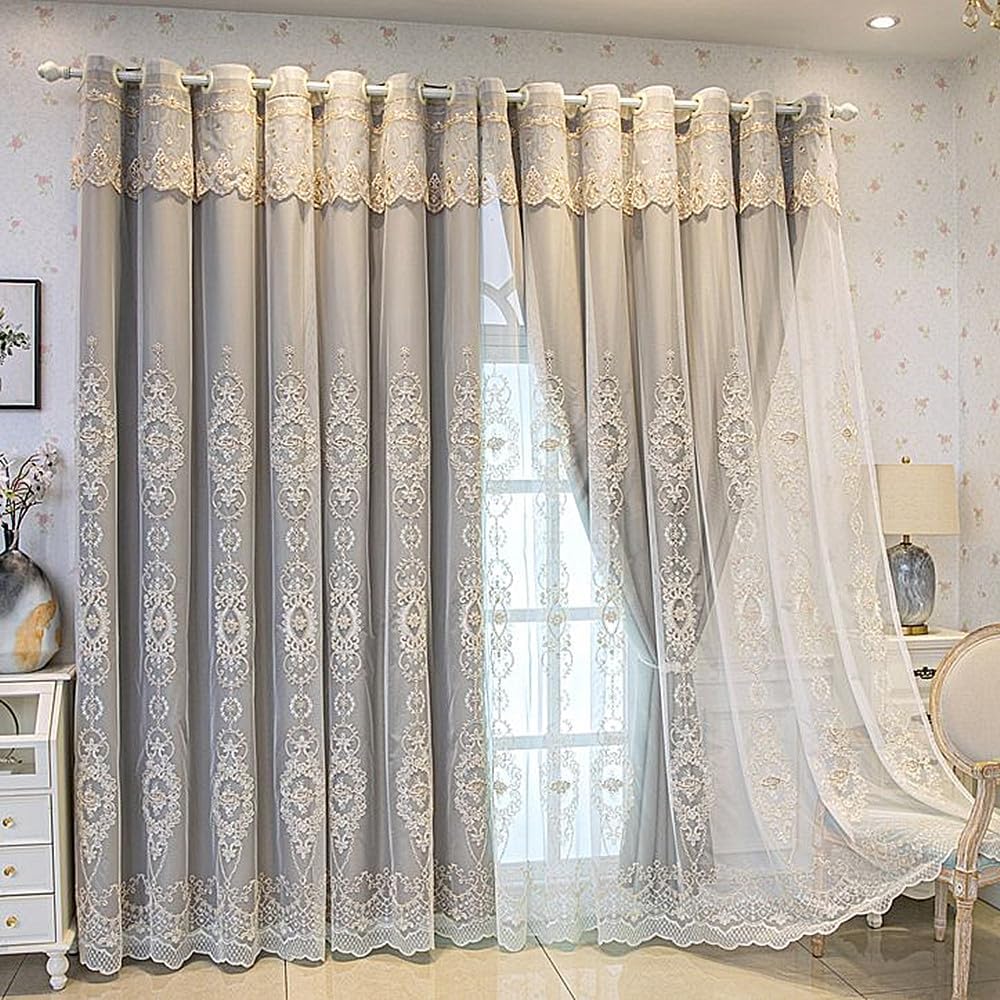 Amidoudou 1 Pair European Double Layer Curtains with Valances for Living Room Bedroom 3D Flower Embroidered Curtains (Grey,54x96 Inch)