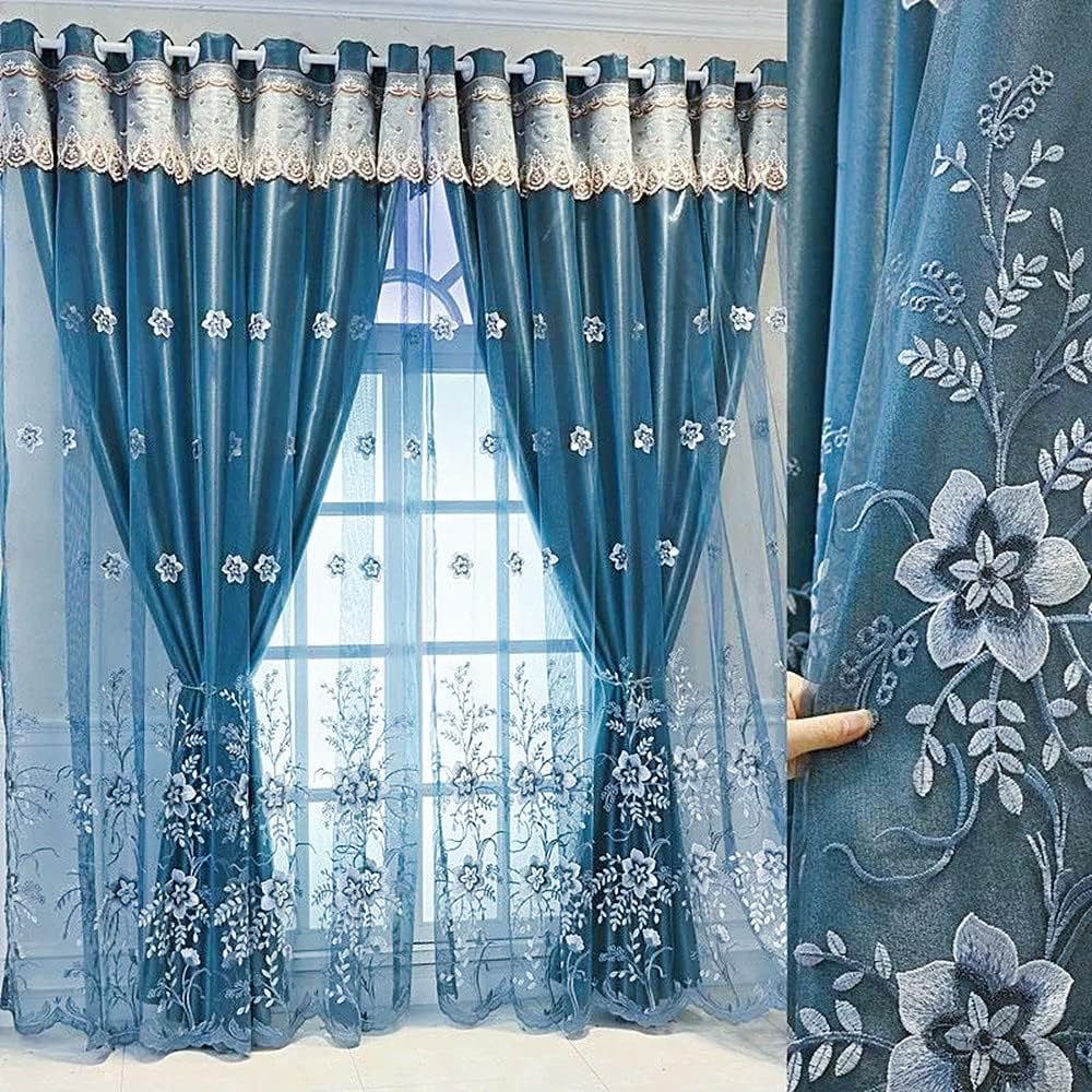 Amidoudou 1 Pair European Double Layer Curtains for Living Room Bedroom Luxury Flower Embroidered Curtains with Valance (Grey,54x96 Inch)