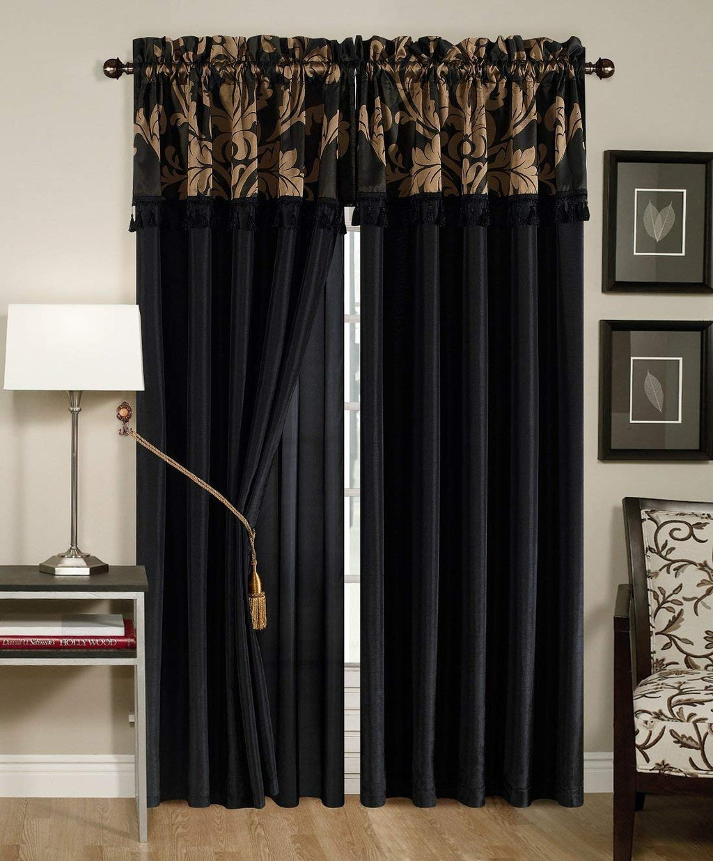 Chezmoi Collection Royale 4-Piece Jacquard Floral Window Curtain/Drape Set with Sheer Backing Valance Tassels, Champagne