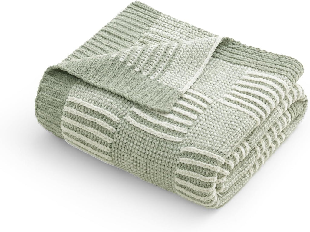 Sage Green Chunky Chenille Knit Throw Blanket 50x60 Inch Checkered Decor Blanket for Couch Bed