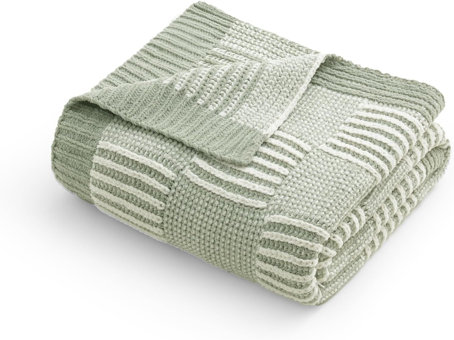 Sage Green Chunky Chenille Knit Throw Blanket 50x60 Inch Checkered Decor Blanket for Couch Bed