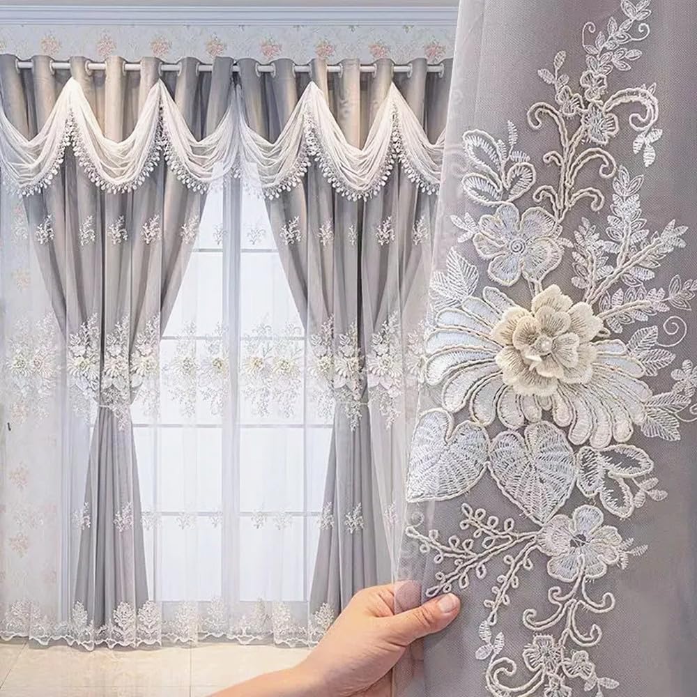 Amidoudou 1 Pair Luxury European Curtains with Wavy Valance for Living Room Bedroom Double Layer Embroidered Curtains (Beige,52x84 Inch)