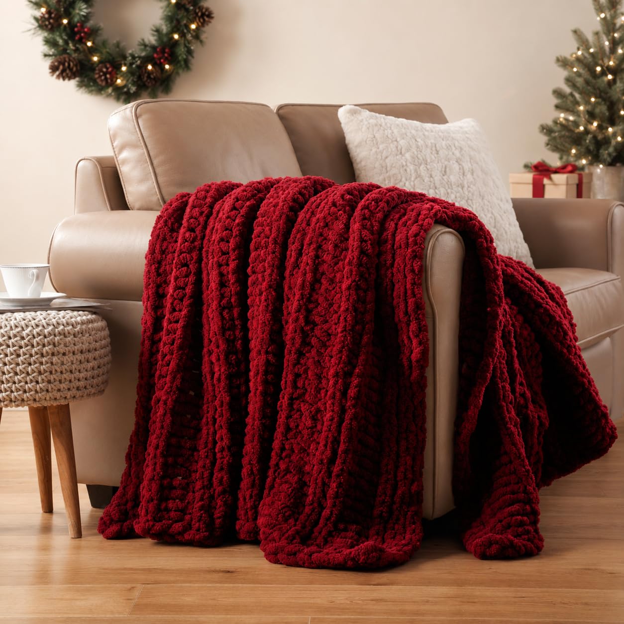 Battilo Chunky Knit Throw Blanket for Couch, Hand Made Chenille Throw Blanket, Super Soft Warm Cozy Taupe Blanket for Bed, Sofa, Living Room, 50"x60"