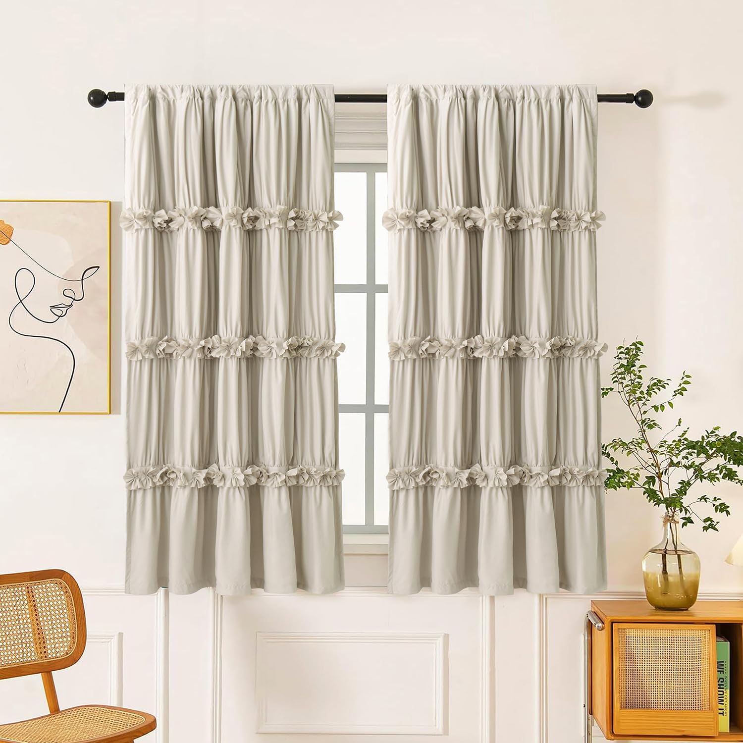 Homechoice Decor Thermal Insulated Blackout Window Curtains, 54" W x 84" L (Pair), Boho Ruched Window Treatments with 3 Rows of Butterfly Flowers, Rustic Rod Pocket Drapes for Room, Camel (LQ-30)