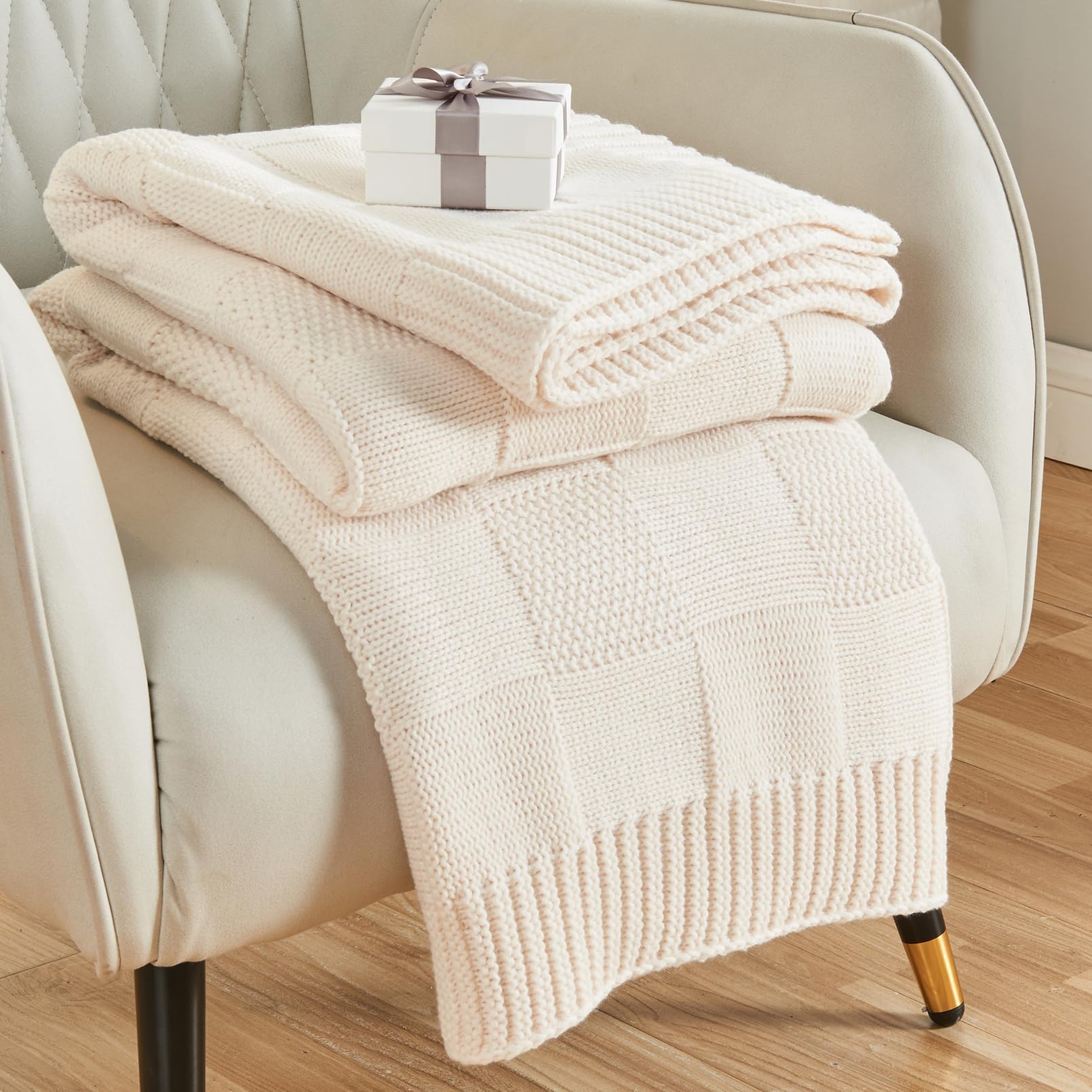 CozeCube Check Knit Throw Blanket, Olive Green Checkered Throw for Couch, Decorative Christmas Soft Cozy Warm Knitted Blanket for Bed Sofa Living Room, 50"X60"