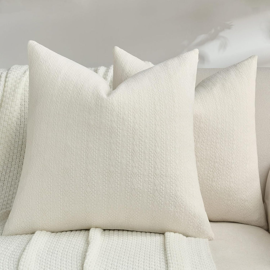 FUTEI Pack of 2 Solid Chenille Throw Pillow Covers 18x18 Inch Soft Farmhouse Decorative Accent Cushion Cases Modern Home Decor for Couch Living Room, Cream