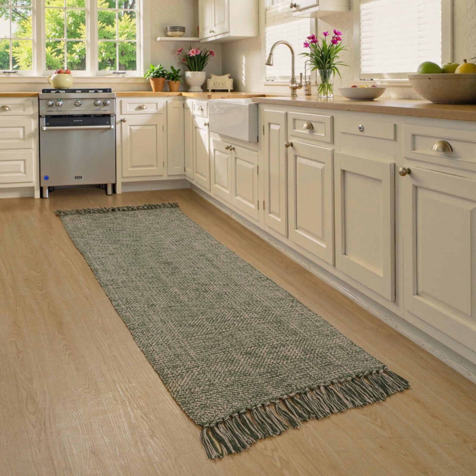 Collive Comfy Area Rug 4' x 6', Tan/Cream Woven Cotton Bedroom Rugs, Modern Indoor Accent Rug Floor Carpet with Tassel for Living Room, Nursery Room, Dining Room, Bedside, Office, Patio Decor
