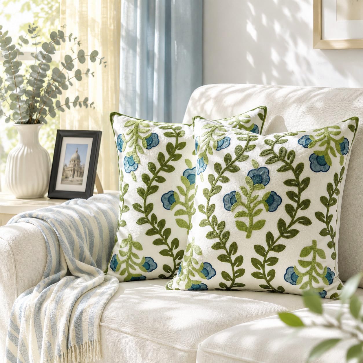 18 Inch Blue Floral Embroidered Cotton Pillow Covers Farmhouse Decor Set of 2
