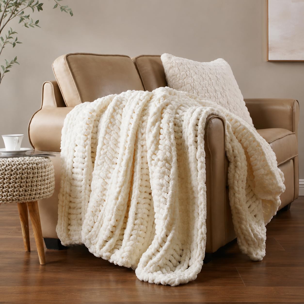 Battilo Chunky Knit Throw Blanket for Couch, Hand Made Chenille Throw Blanket, Super Soft Warm Cozy Taupe Blanket for Bed, Sofa, Living Room, 50"x60"