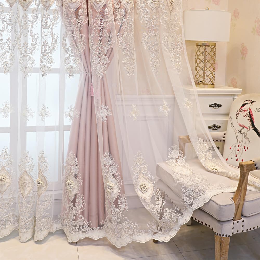 European Luxury 3D Relief Embroidery Curtains - Double-Layer Blackout Drapes, Flower Embroidered Sheer Yarn, for Living Room & Bedroom (1 Pair, Pink, W51 L84 inch)