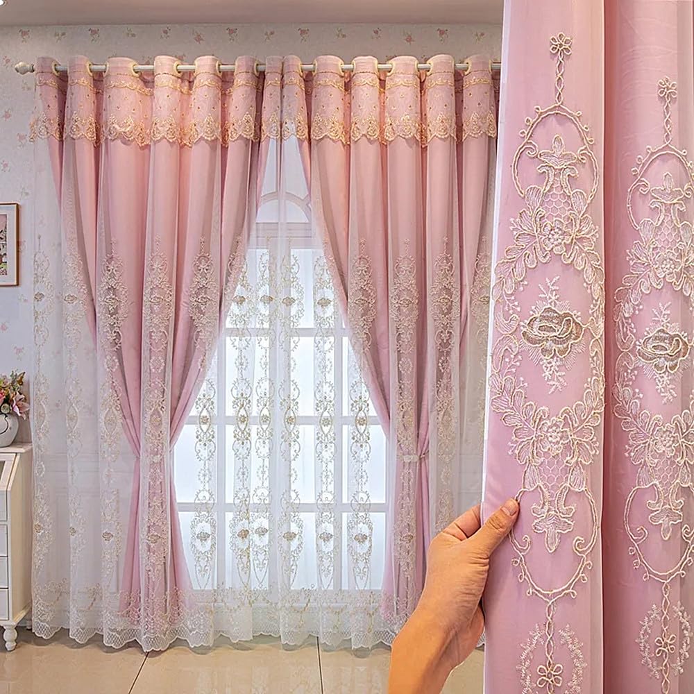 Amidoudou 1 Pair European Double Layer Curtains with Valances for Living Room Bedroom 3D Flower Embroidered Curtains (Grey,54x96 Inch)