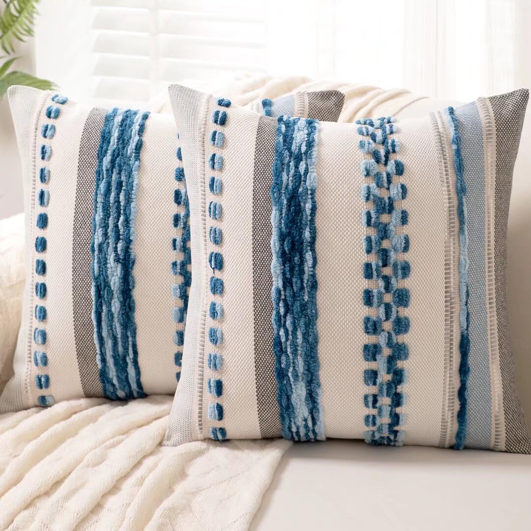 Boho Throw Pillow Covers 18x18 Set of 2 Farmhouse Decorative Cushion Case Striped Square Pillows Cover Chenille Pillow Cases Accent Neutral Pillowcase for Sofa Couch Bed,Yellow