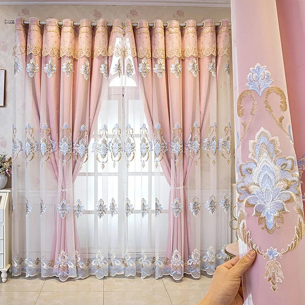Amidoudou 1 Pair European Double Layer Curtains with Valances for Living Room Luxury Jacquard Curtains for Bedroom (Pink,63x96 Inch)