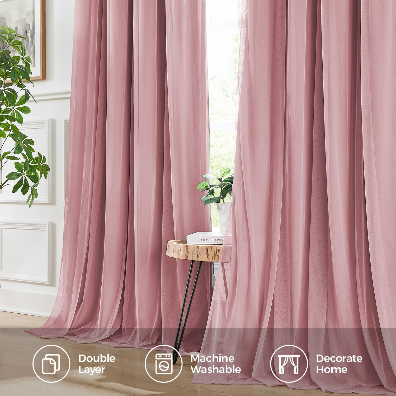 84 Inch Pink Double Layer Blackout Curtains with Sheer Overlay Grommet Window Drapes