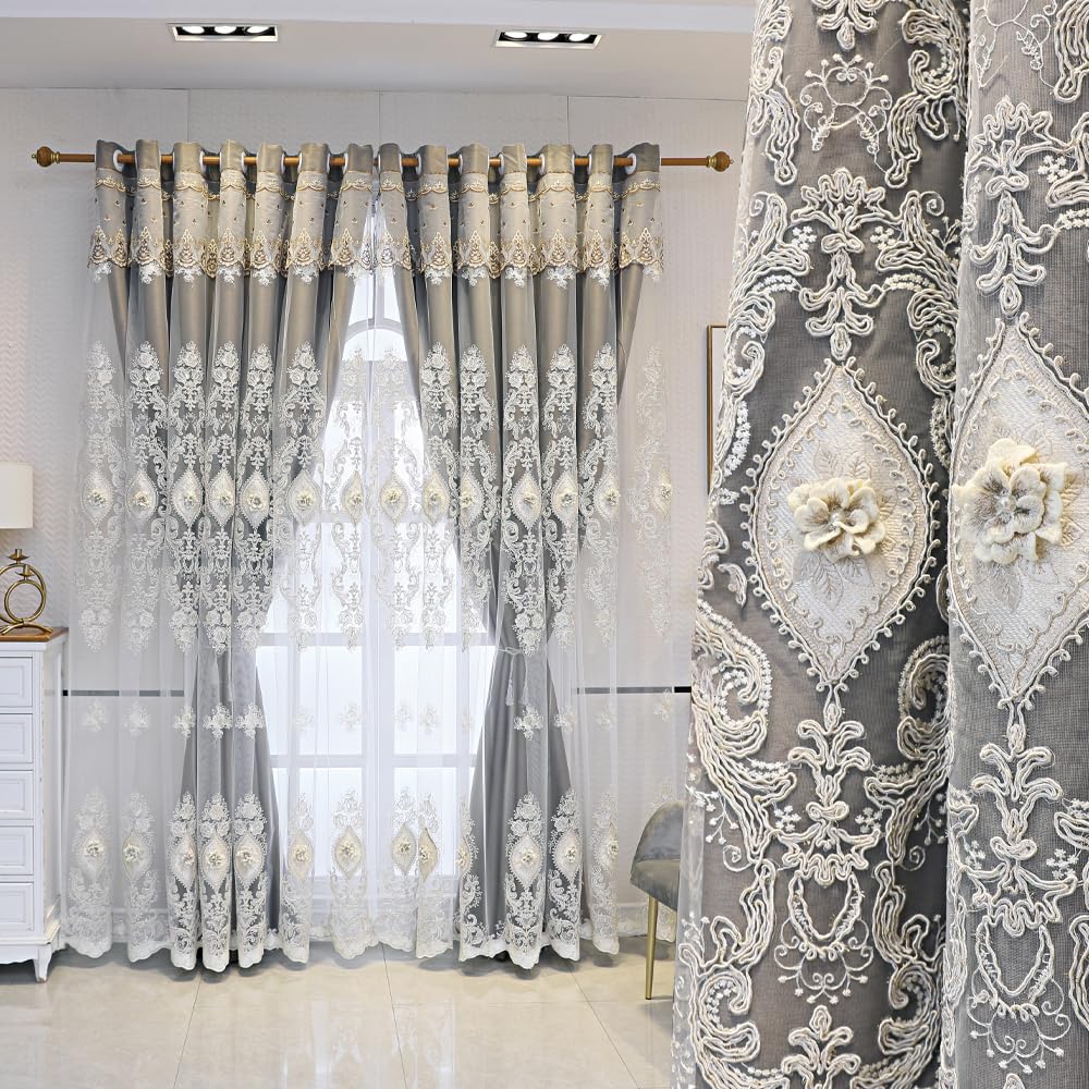 European Luxury 3D Relief Embroidery Curtains - Double-Layer Blackout Drapes, Flower Embroidered Sheer Yarn, for Living Room & Bedroom (1 Pair, Pink, W51 L84 inch)